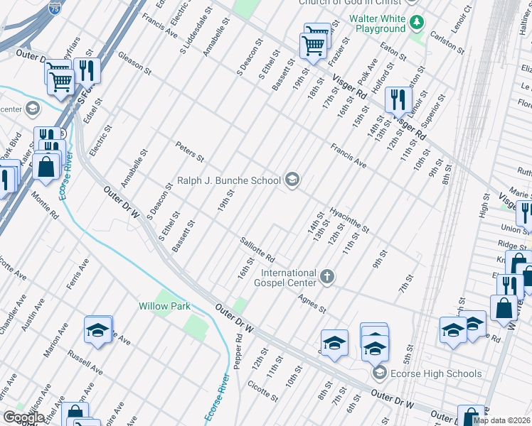 map of restaurants, bars, coffee shops, grocery stores, and more near 3976 17th Street in Ecorse
