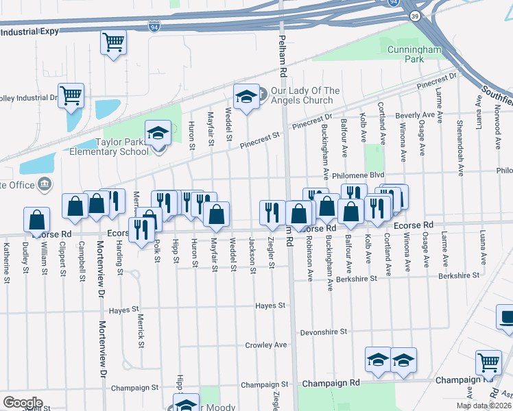 map of restaurants, bars, coffee shops, grocery stores, and more near 6775 Jackson Street in Taylor