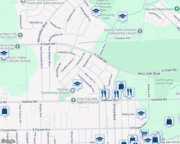 map of restaurants, bars, coffee shops, grocery stores, and more near 1338 Hunter Avenue in Ypsilanti