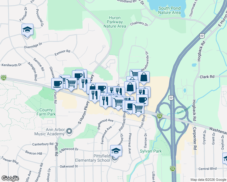 map of restaurants, bars, coffee shops, grocery stores, and more near 2050 Chalmers Drive in Ann Arbor