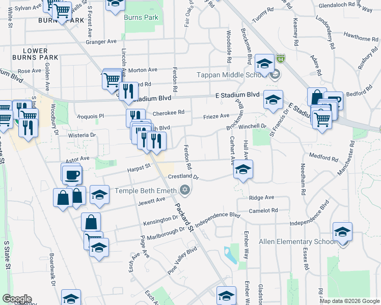 map of restaurants, bars, coffee shops, grocery stores, and more near 2017 Ferdon Road in Ann Arbor
