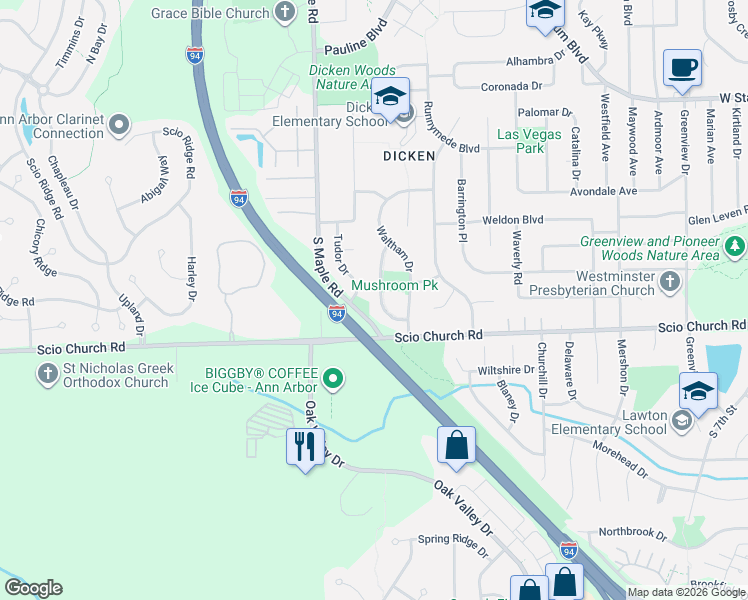 map of restaurants, bars, coffee shops, grocery stores, and more near 1800 Waltham Drive in Ann Arbor