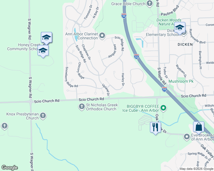 map of restaurants, bars, coffee shops, grocery stores, and more near 1948 Harley Court in Ann Arbor