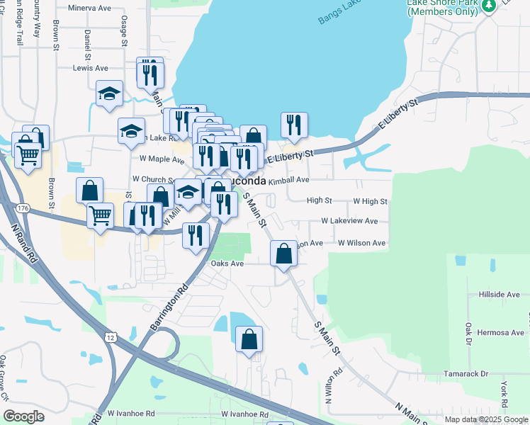 map of restaurants, bars, coffee shops, grocery stores, and more near 205 Lotus Street in Wauconda