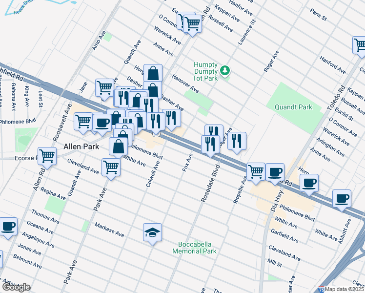 map of restaurants, bars, coffee shops, grocery stores, and more near 15098 Southfield Road in Allen Park