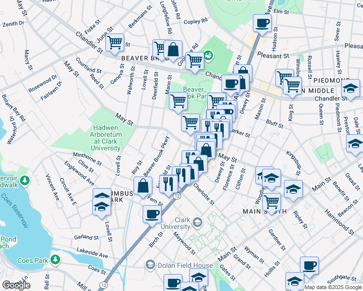 map of restaurants, bars, coffee shops, grocery stores, and more near 100 May Street in Worcester