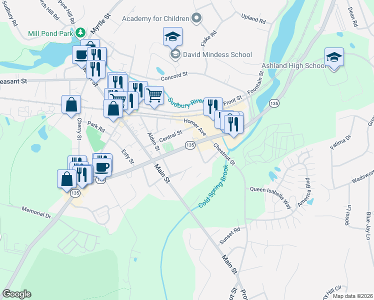 map of restaurants, bars, coffee shops, grocery stores, and more near 178 Union Street in Ashland