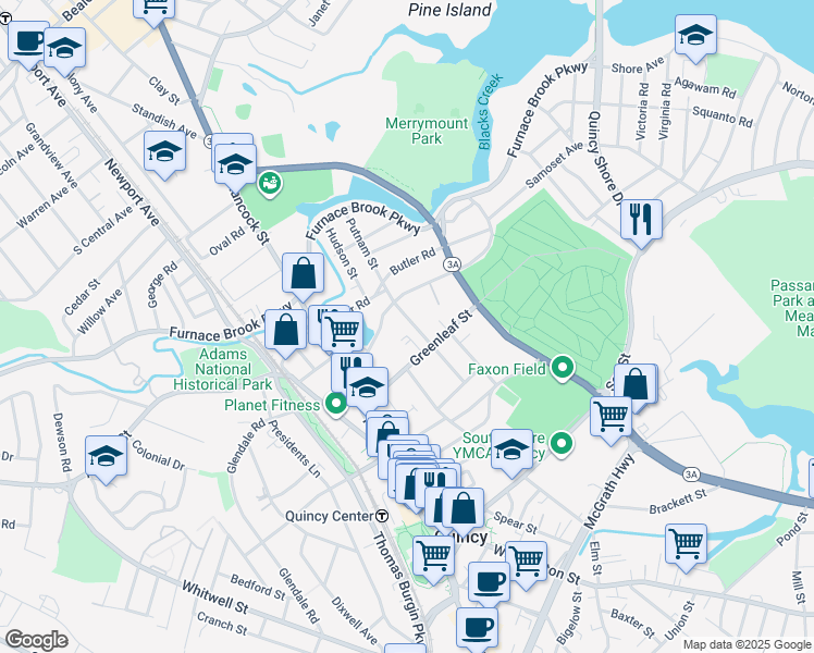 map of restaurants, bars, coffee shops, grocery stores, and more near 109 Putnam Street in Quincy