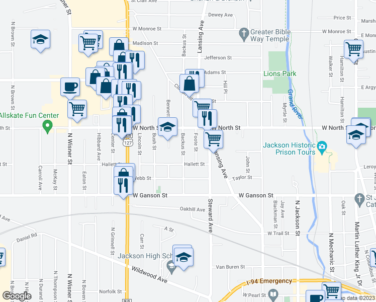 map of restaurants, bars, coffee shops, grocery stores, and more near 815 Backus Street in Jackson