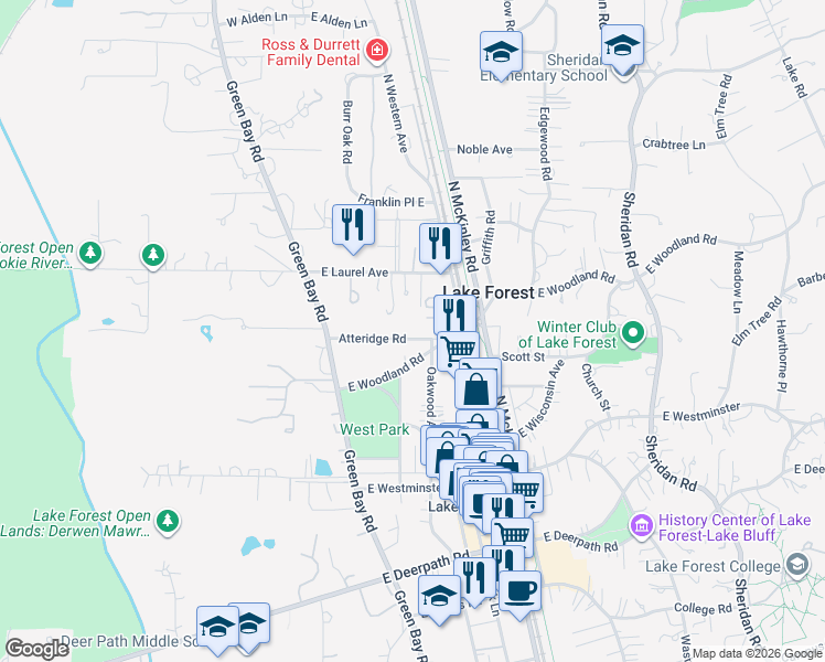 map of restaurants, bars, coffee shops, grocery stores, and more near 142 Atteridge Road in Lake Forest