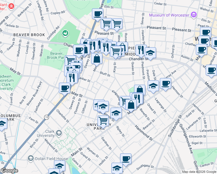 map of restaurants, bars, coffee shops, grocery stores, and more near 14 Woodland Street in Worcester