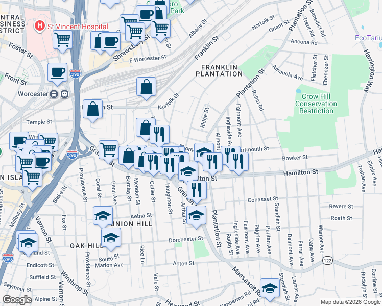 map of restaurants, bars, coffee shops, grocery stores, and more near 101 Plantation Street in Worcester