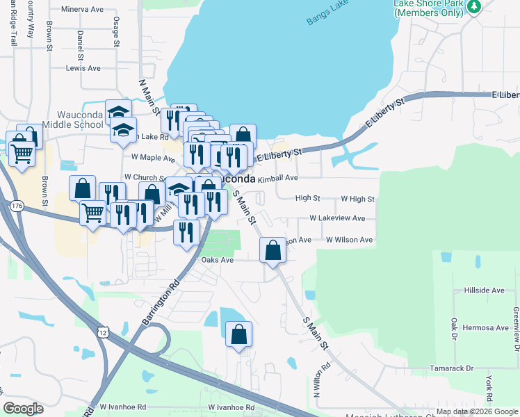 map of restaurants, bars, coffee shops, grocery stores, and more near 205 Lotus Street in Wauconda