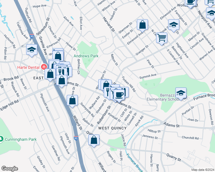 map of restaurants, bars, coffee shops, grocery stores, and more near 15 Eaton Street in Milton