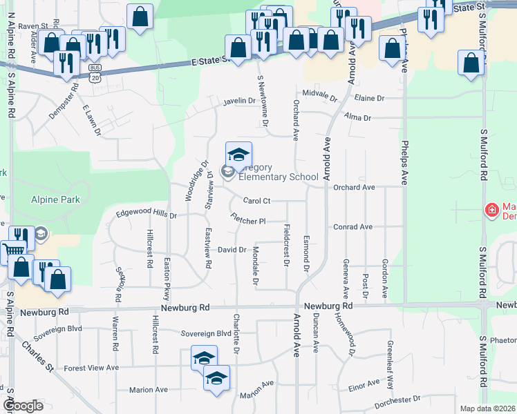map of restaurants, bars, coffee shops, grocery stores, and more near 5034 Carol Court in Rockford