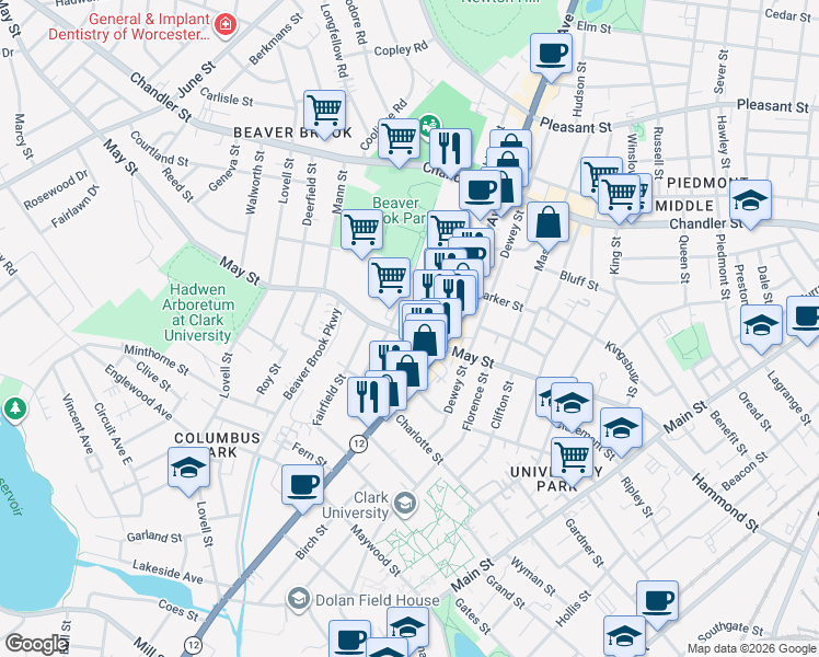 map of restaurants, bars, coffee shops, grocery stores, and more near 123 Mayfield Street in Worcester