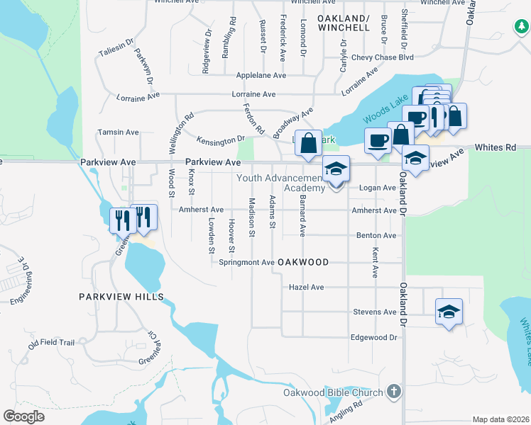 map of restaurants, bars, coffee shops, grocery stores, and more near 3429 Madison Street in Kalamazoo