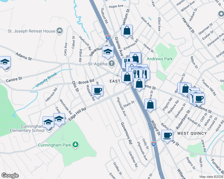 map of restaurants, bars, coffee shops, grocery stores, and more near 39 Hollis Street in Milton