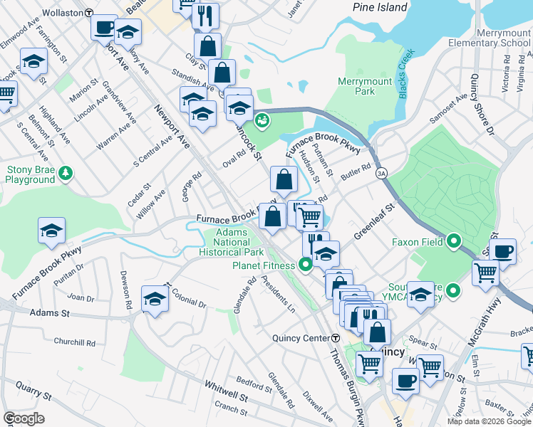 map of restaurants, bars, coffee shops, grocery stores, and more near 421 Furnace Brook Parkway in Quincy