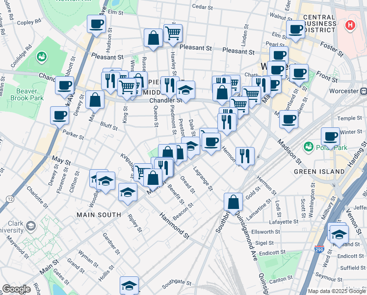 map of restaurants, bars, coffee shops, grocery stores, and more near 2 Preston Street in Worcester