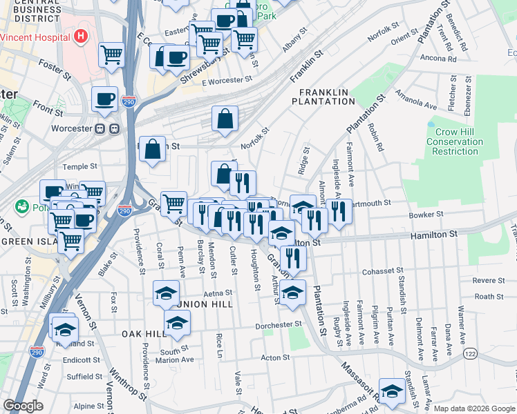 map of restaurants, bars, coffee shops, grocery stores, and more near 18 Thorne Street in Worcester