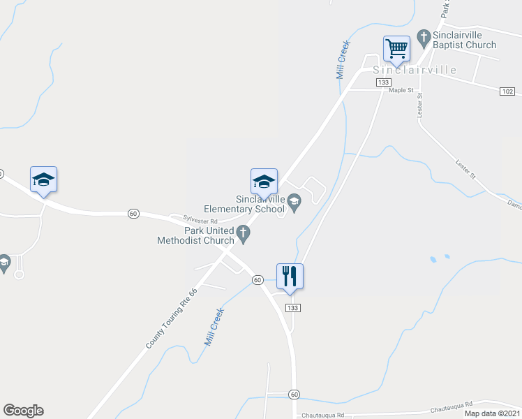 map of restaurants, bars, coffee shops, grocery stores, and more near 43 Sinclair Dr in Sinclairville