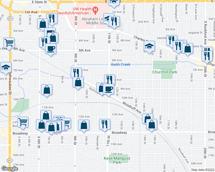 map of restaurants, bars, coffee shops, grocery stores, and more near 921 11th Street in Rockford