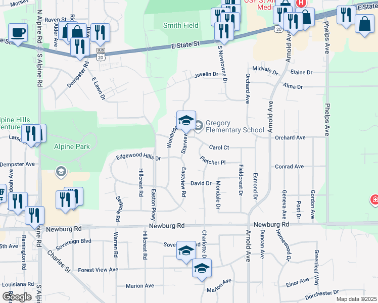 map of restaurants, bars, coffee shops, grocery stores, and more near 4905 Carol Court in Rockford