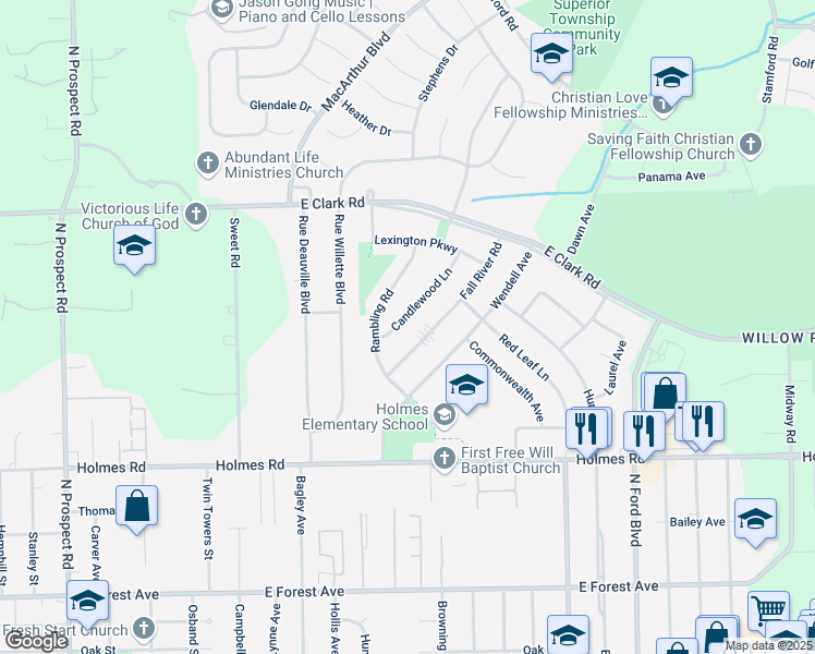 map of restaurants, bars, coffee shops, grocery stores, and more near 1300 Candlewood Lane in Ypsilanti