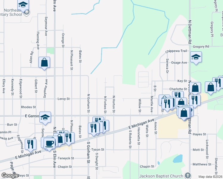 map of restaurants, bars, coffee shops, grocery stores, and more near 335 North Forbes Street in Jackson