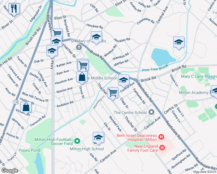 map of restaurants, bars, coffee shops, grocery stores, and more near 18 Breck Street in Milton