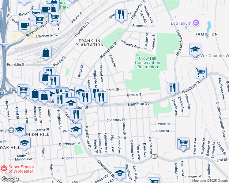 map of restaurants, bars, coffee shops, grocery stores, and more near 45 Dartmouth Street in Worcester
