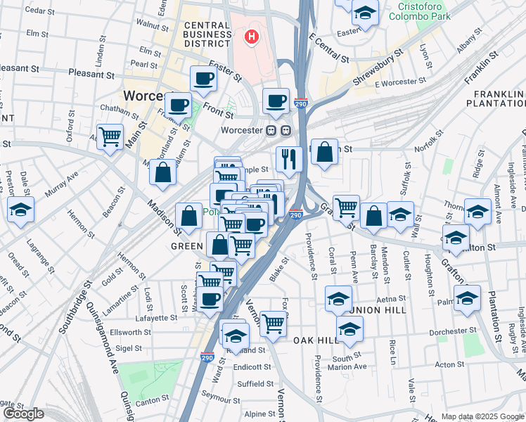 map of restaurants, bars, coffee shops, grocery stores, and more near 112 Harding Street in Worcester