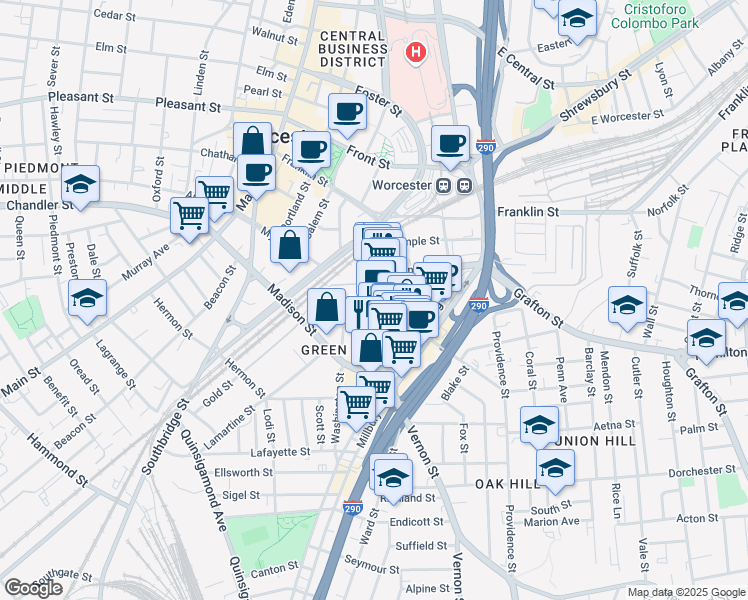 map of restaurants, bars, coffee shops, grocery stores, and more near 2 Plymouth Street in Worcester