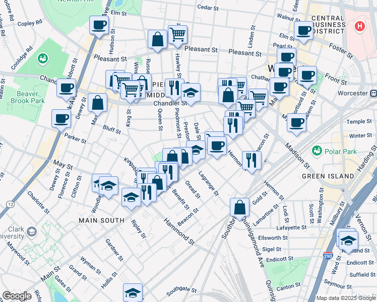map of restaurants, bars, coffee shops, grocery stores, and more near 5 Preston Street in Worcester