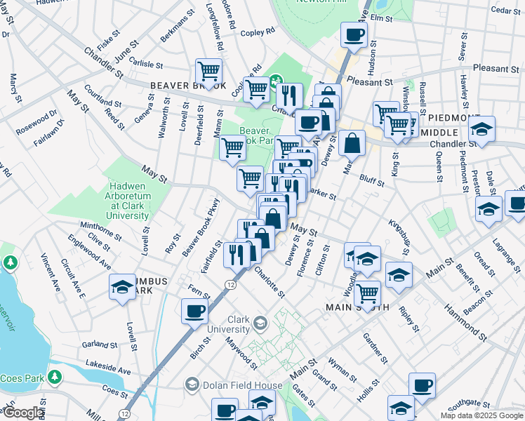 map of restaurants, bars, coffee shops, grocery stores, and more near 123 Mayfield Street in Worcester