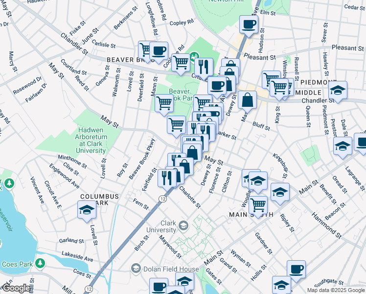 map of restaurants, bars, coffee shops, grocery stores, and more near 123 Mayfield Street in Worcester