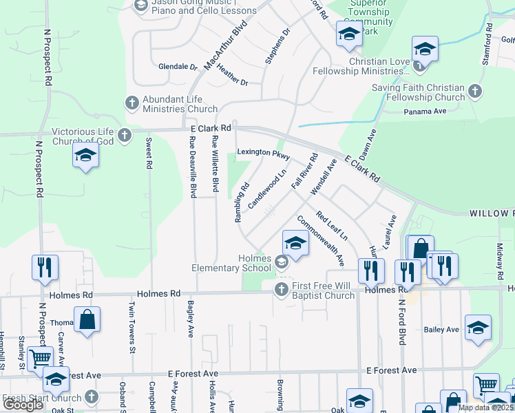 map of restaurants, bars, coffee shops, grocery stores, and more near 1300 Candlewood Lane in Ypsilanti