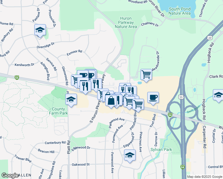 map of restaurants, bars, coffee shops, grocery stores, and more near 2009 Huron Parkway in Ann Arbor