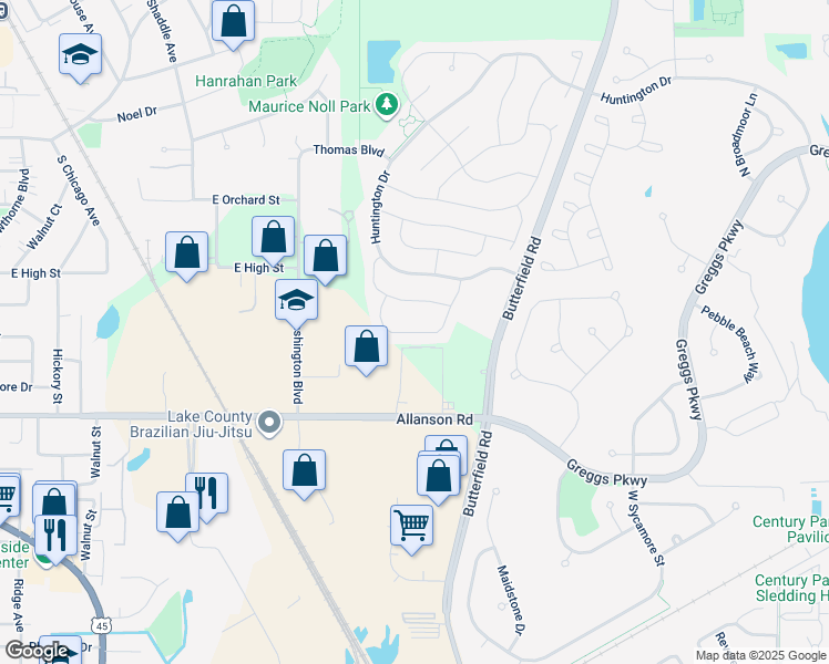 map of restaurants, bars, coffee shops, grocery stores, and more near 1245 Ballantrae Place in Mundelein