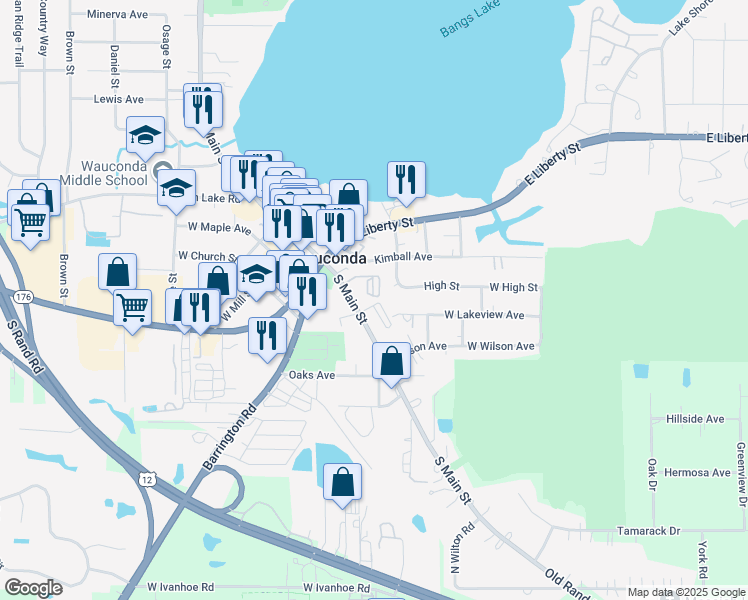 map of restaurants, bars, coffee shops, grocery stores, and more near 205 Lotus Street in Wauconda