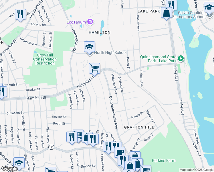 map of restaurants, bars, coffee shops, grocery stores, and more near 14 Commonwealth Avenue in Worcester
