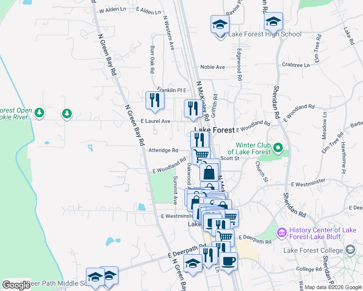 map of restaurants, bars, coffee shops, grocery stores, and more near 1020 North Western Avenue in Lake Forest