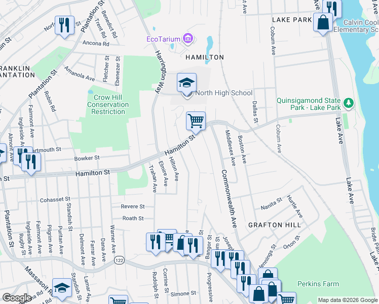 map of restaurants, bars, coffee shops, grocery stores, and more near 3 Anderson Avenue in Worcester