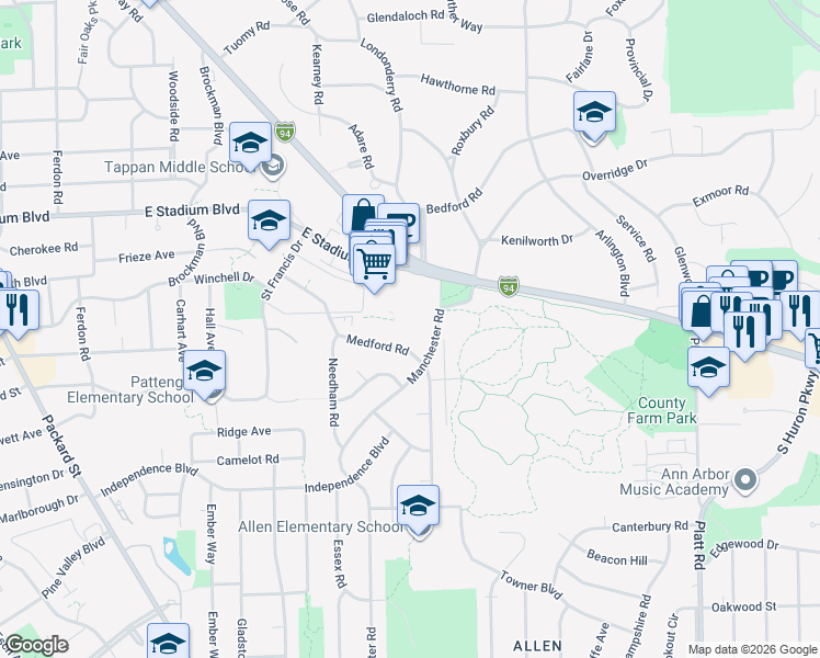 map of restaurants, bars, coffee shops, grocery stores, and more near 2167 Medford Road in Ann Arbor