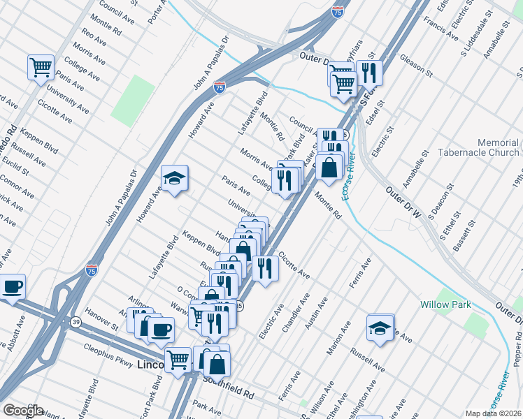 map of restaurants, bars, coffee shops, grocery stores, and more near 1267 Fort Park Boulevard in Lincoln Park