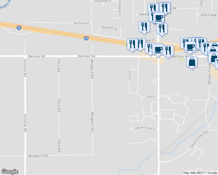 map of restaurants, bars, coffee shops, grocery stores, and more near 12790 Minges Road South in Battle Creek