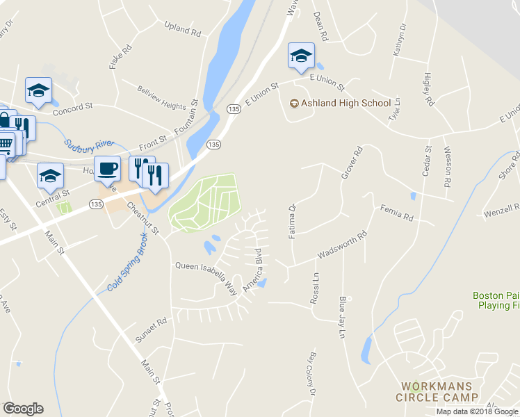 map of restaurants, bars, coffee shops, grocery stores, and more near 339 America Boulevard in Ashland