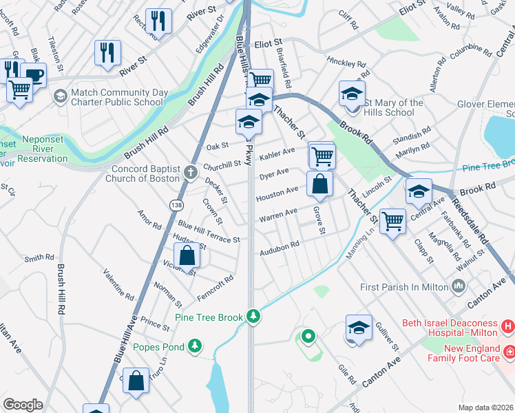 map of restaurants, bars, coffee shops, grocery stores, and more near 19 Houston Avenue in Milton