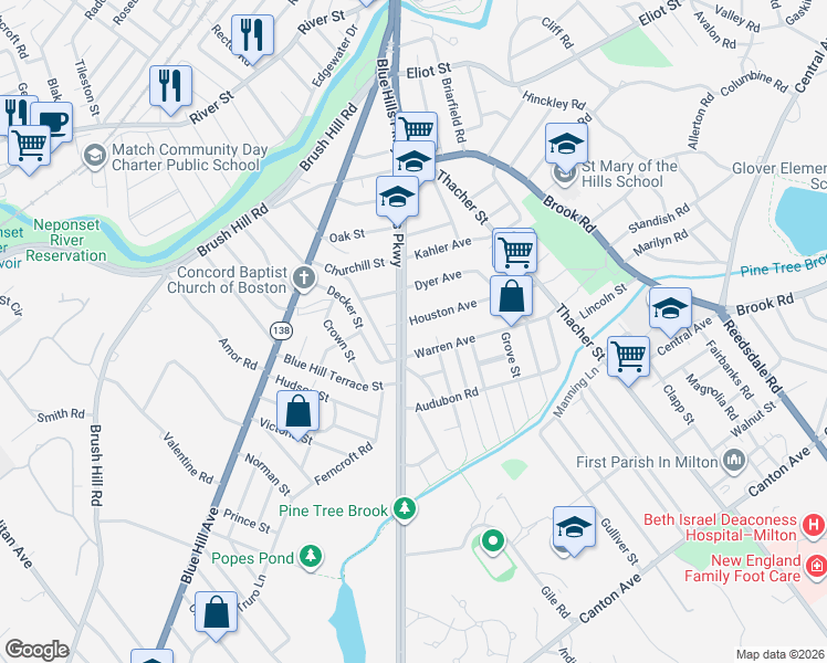 map of restaurants, bars, coffee shops, grocery stores, and more near 274 Blue Hills Parkway in Milton